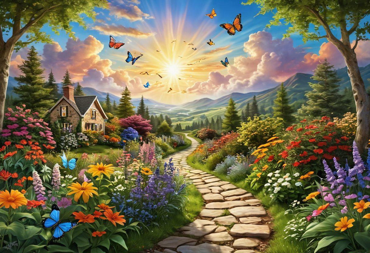 A vibrant, winding pathway through a lush green landscape, dotted with colorful flowers and butterflies, symbolizing a joyful journey. In the background, a bright sun peeks through fluffy clouds, casting warm light on the scene. On the path, diverse individuals happily engage in various creative activities like painting, journaling, and gardening, showcasing the essence of crafting joy. The overall atmosphere radiates positivity and hope. super-realistic. vibrant colors. 3D.
