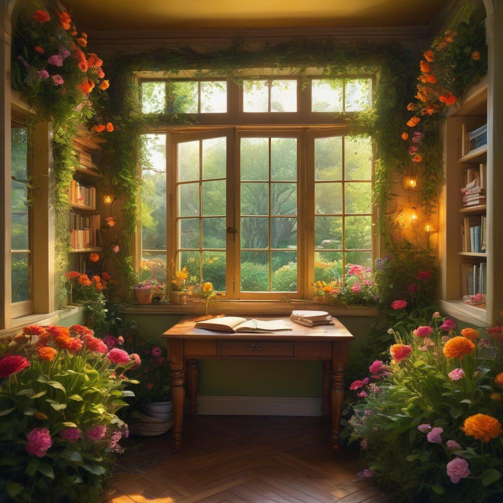 A whimsical scene depicting a cozy writing nook with a writer surrounded by floating words and symbols representing connection and association; a lush, green garden visible through an open window, filled with colorful flowers that symbolize creativity and inspiration; warm lighting casting a golden hue over the scene, inviting and magical atmosphere. vibrant colors. super-realistic.