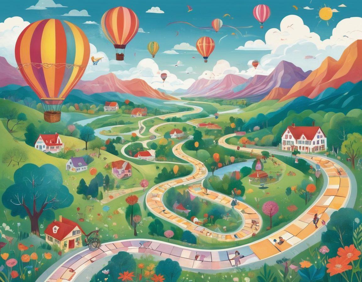 A whimsical map illustrating a joyful adventure, featuring colorful pathways winding through lush landscapes, joyful characters engaging in various activities along the route. Include clocks and calendars symbolizing schedule and chronology, with vibrant elements like hot air balloons and signposts marking key milestones. The background should be a dreamy sky with soft clouds. vibrant colors. playful illustration style.